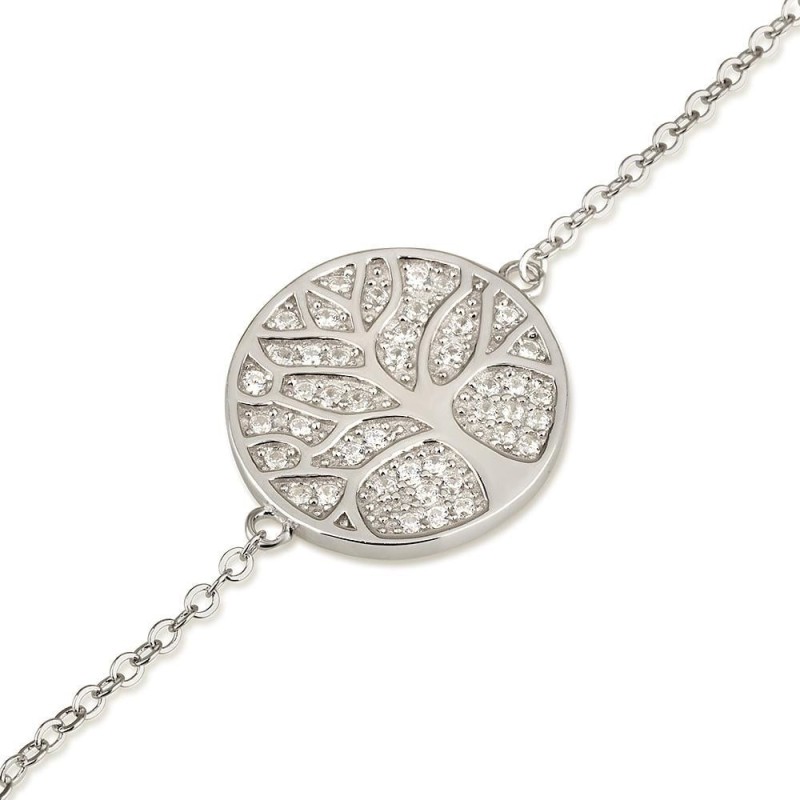 Bracelet Arbre de Vie Circulaire en Argent Sterling 925 avec Zircon Blanc S
