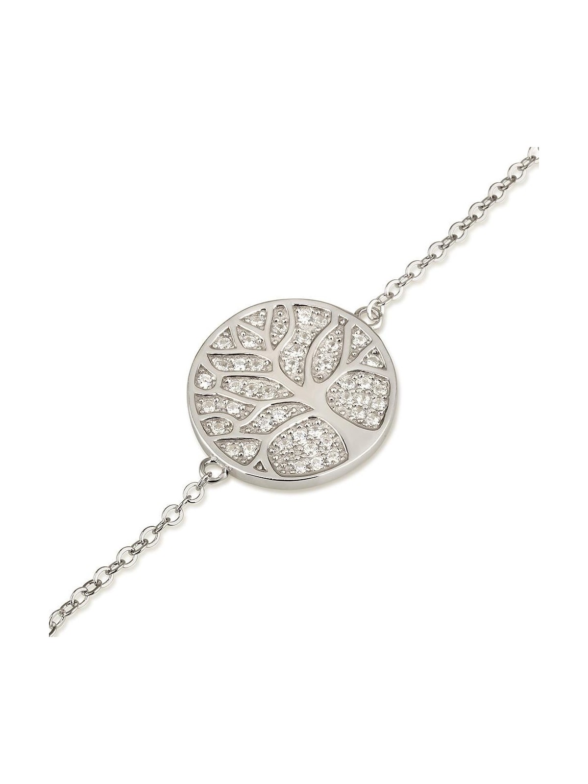 925 Sterling Silver Circular Tree of Life Bracelet with White Zircon S