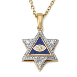 14K Yellow Gold Star of David & Evil Eye Diamond Pendant with Blue and