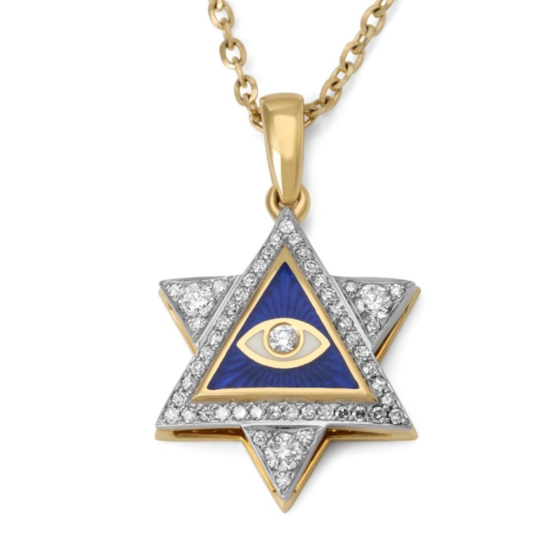 14K Yellow Gold Star of David & Evil Eye Diamond Pendant with Blue and