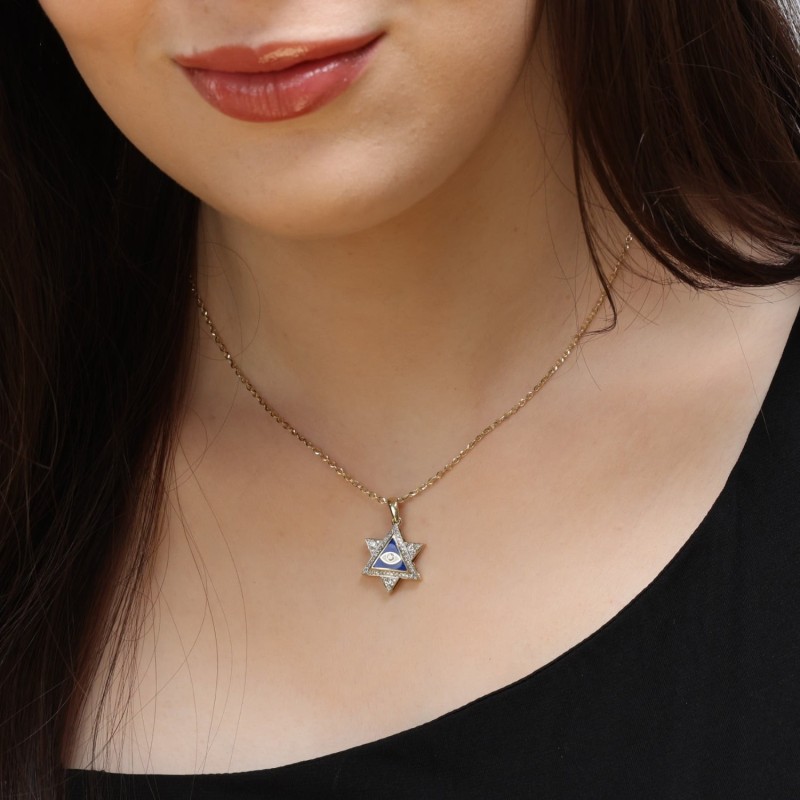 Pendentif étoile de David et diamant mauvais œil en or jaune 14 carats avec diamants bleus et