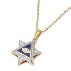 14K Yellow Gold Star of David & Evil Eye Diamond Pendant with Blue and