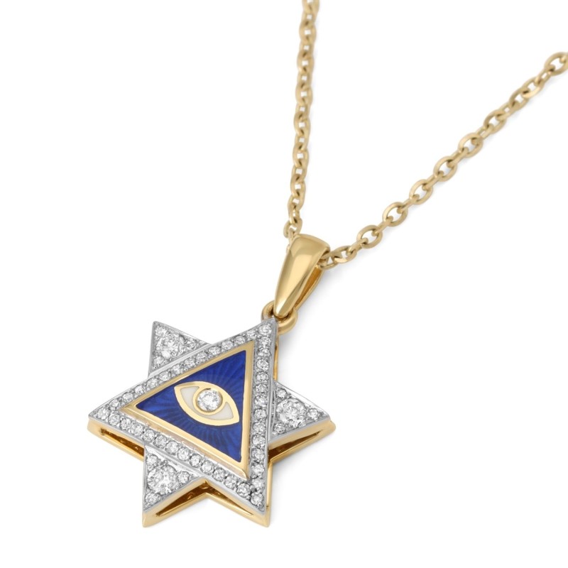 Pendentif étoile de David et diamant mauvais œil en or jaune 14 carats avec diamants bleus et