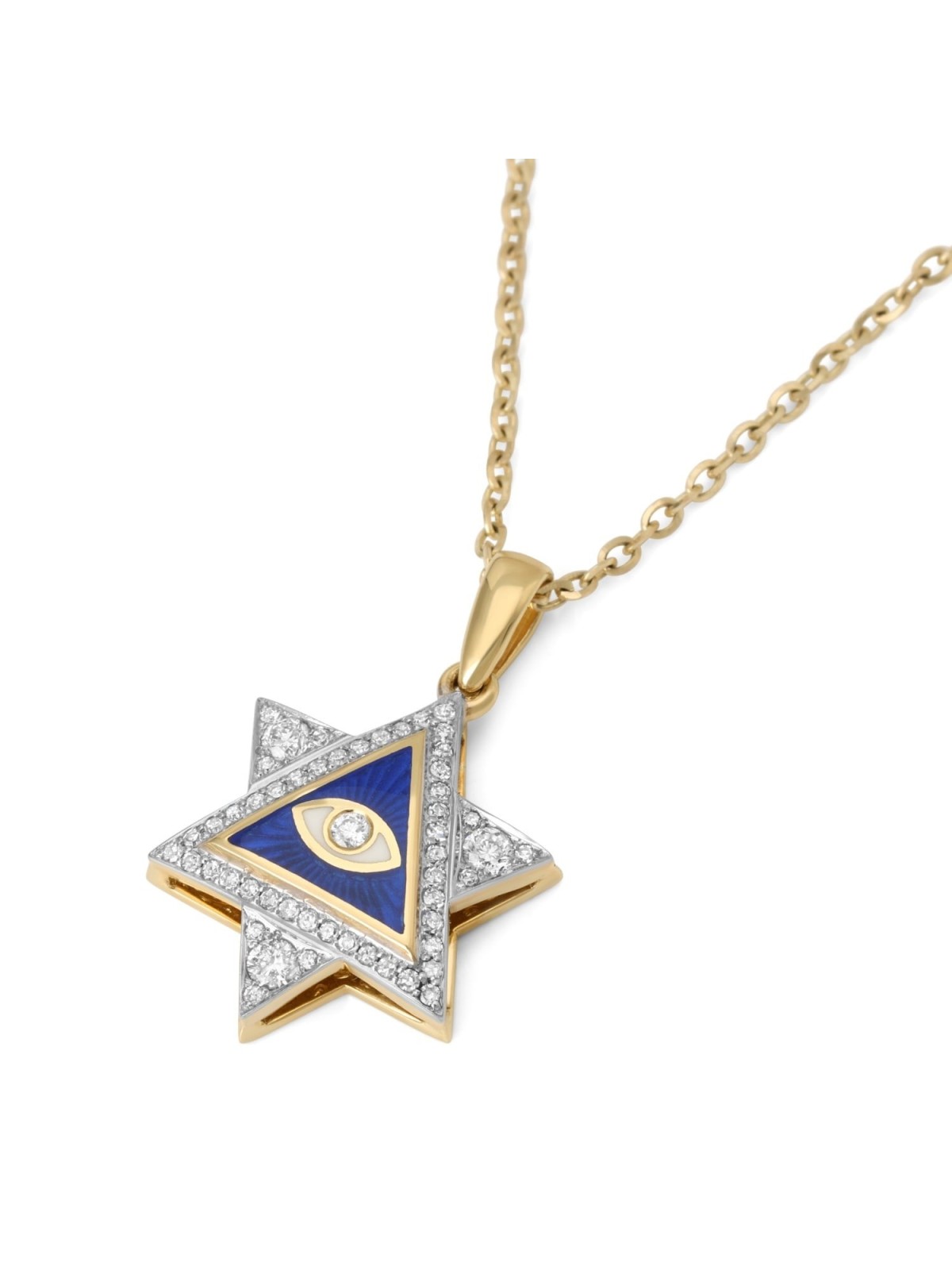 Pendentif étoile de David et diamant mauvais œil en or jaune 14 carats avec diamants bleus et