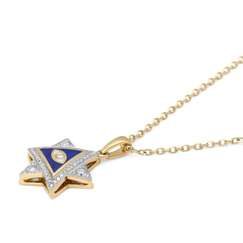Pendentif étoile de David et diamant mauvais œil en or jaune 14 carats avec diamants bleus et