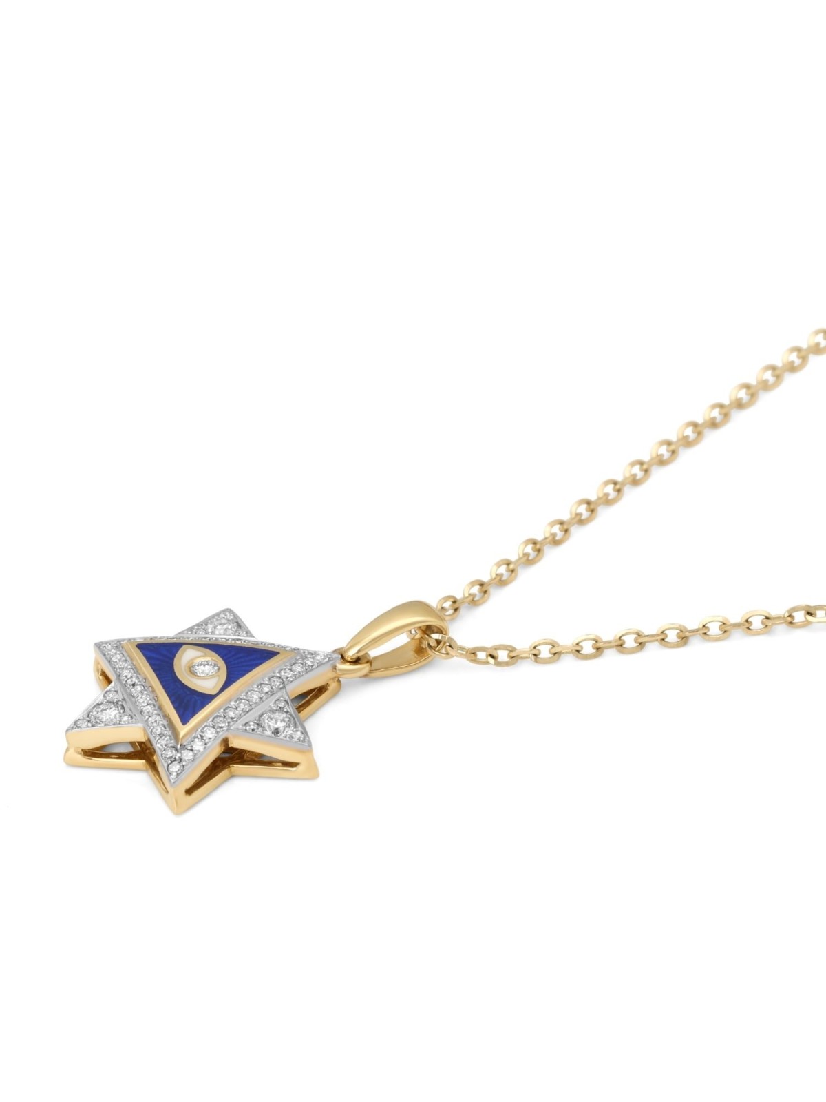 Pendentif étoile de David et diamant mauvais œil en or jaune 14 carats avec diamants bleus et