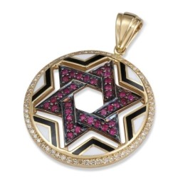 14K Yellow Gold Star of David Circular Diamond Pendant with Black and
