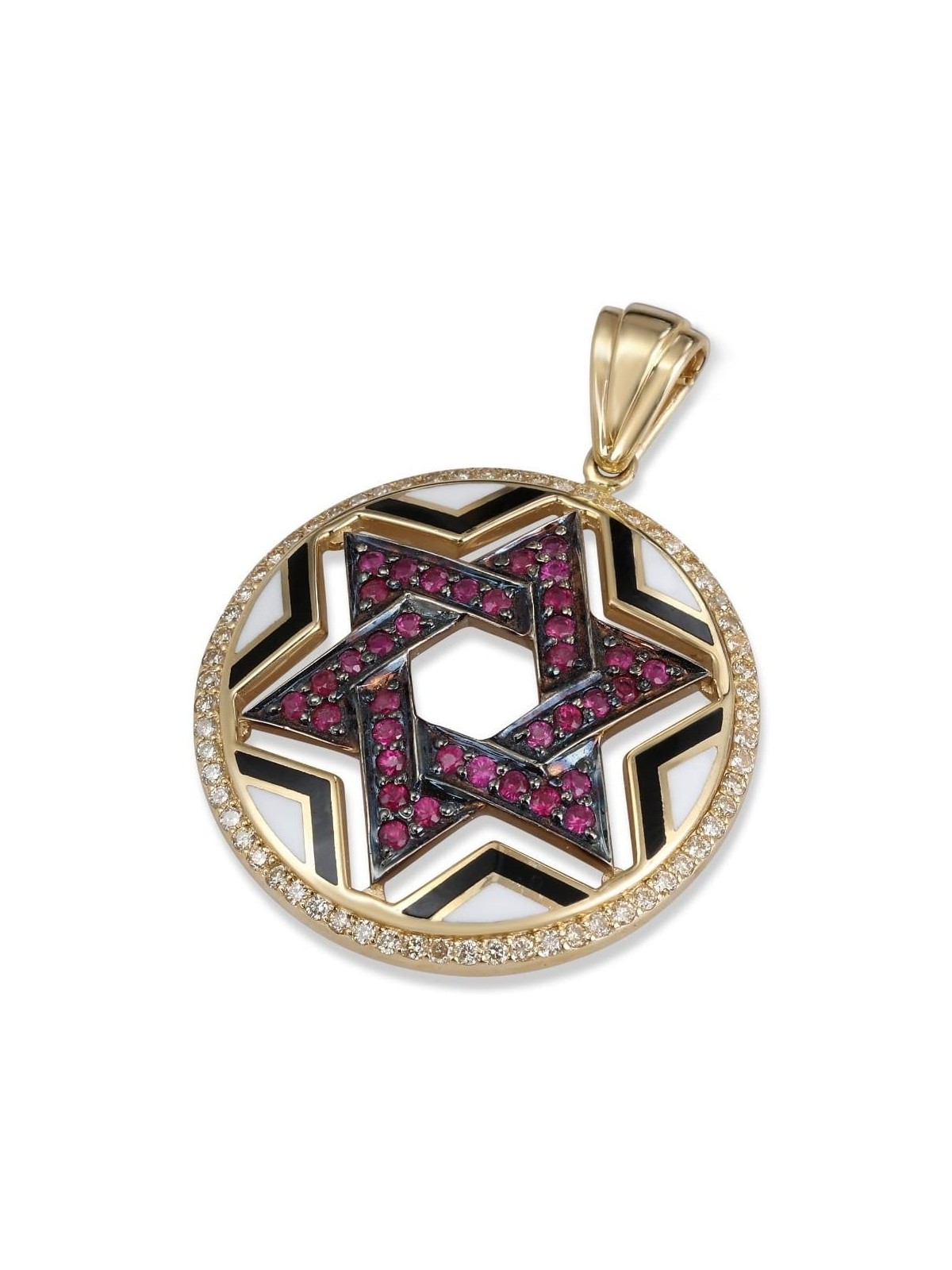 14K Yellow Gold Star of David Circular Diamond Pendant with Black and