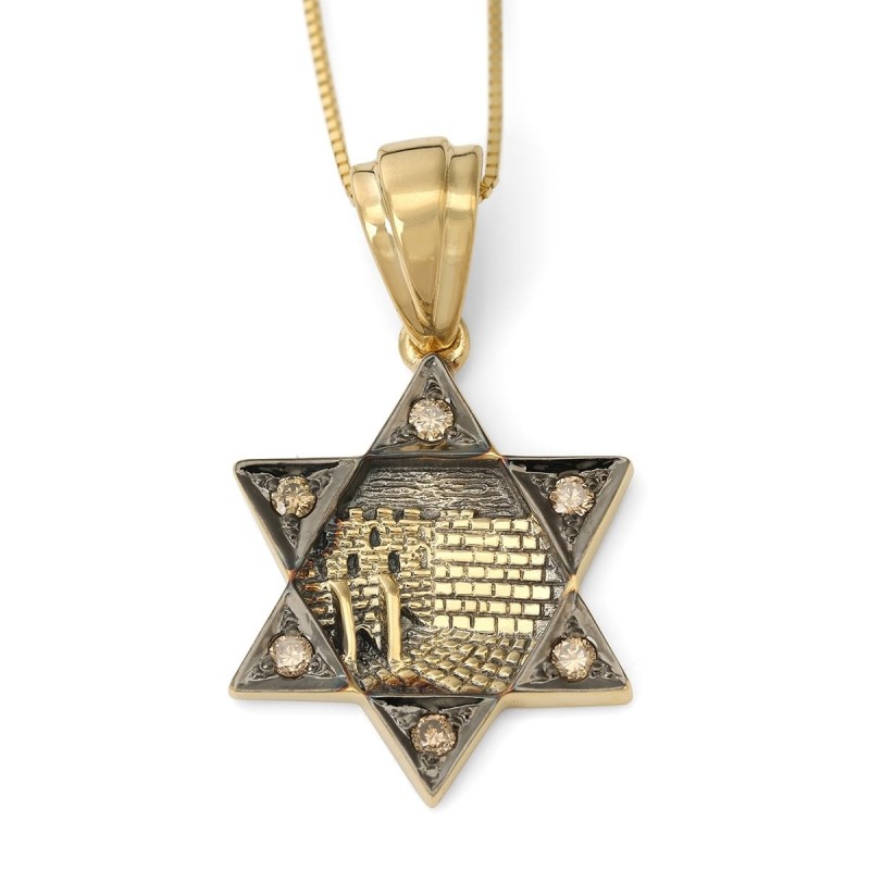 Collier à pendentif clou étoile de David en or jaune 14 carats avec diamants