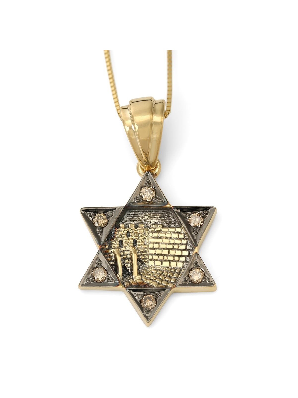 14K Yellow Gold Star of David Diamond Stud Pendant Necklace