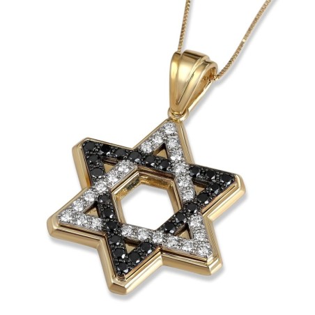 Pendentif étoile de David en or 14 carats avec diamants noirs et blancs
