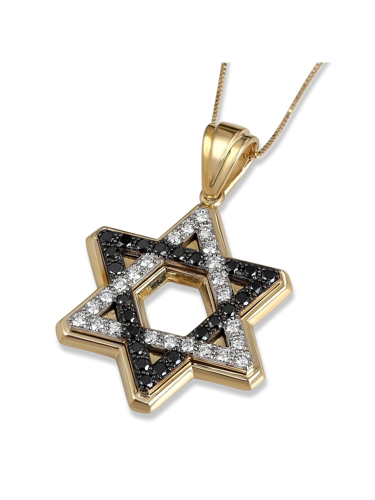 Pendentif étoile de David en or 14 carats avec diamants noirs et blancs