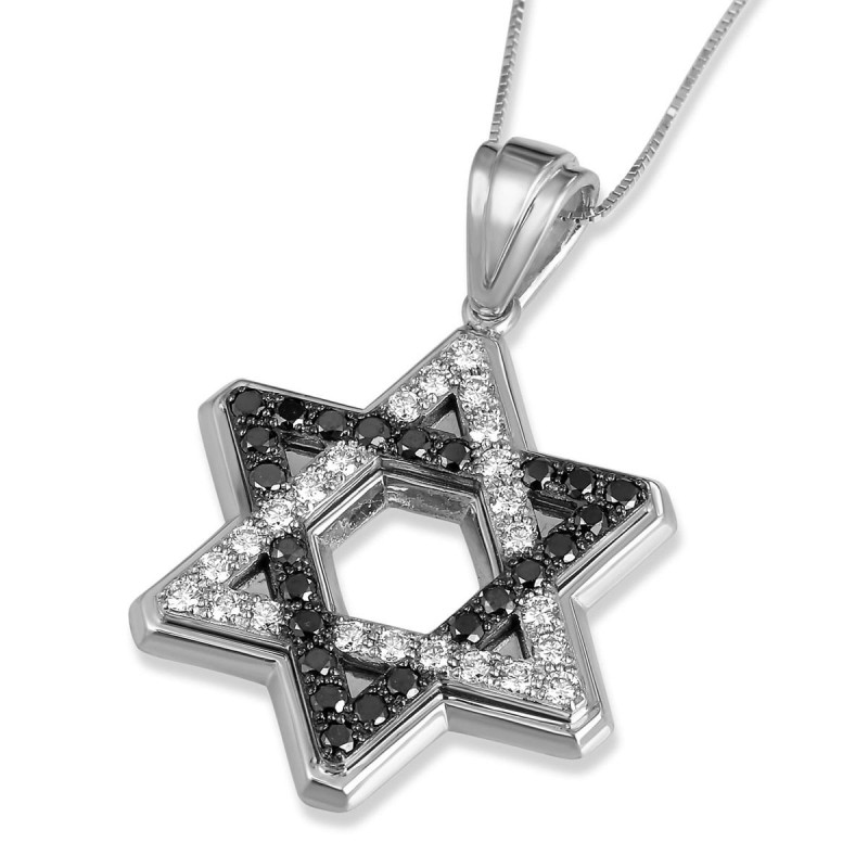 Pendentif étoile de David en or 14 carats avec diamants noirs et blancs
