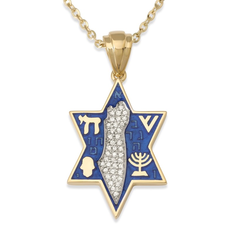 Pendentif étoile de David en or 14 carats avec carte d'Israël sertie de diamants et