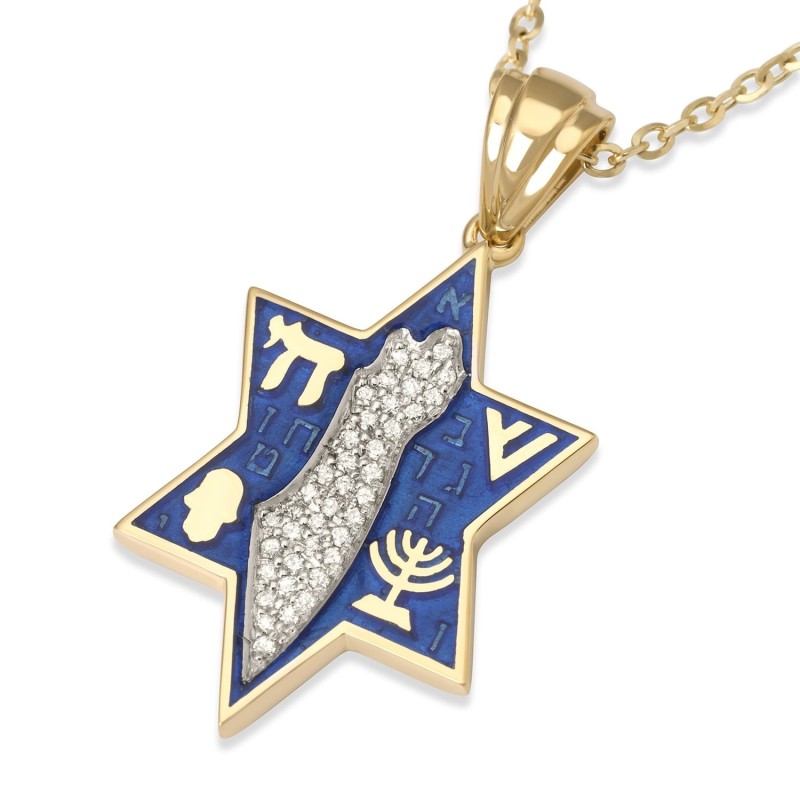 Pendentif étoile de David en or 14 carats avec carte d'Israël sertie de diamants et