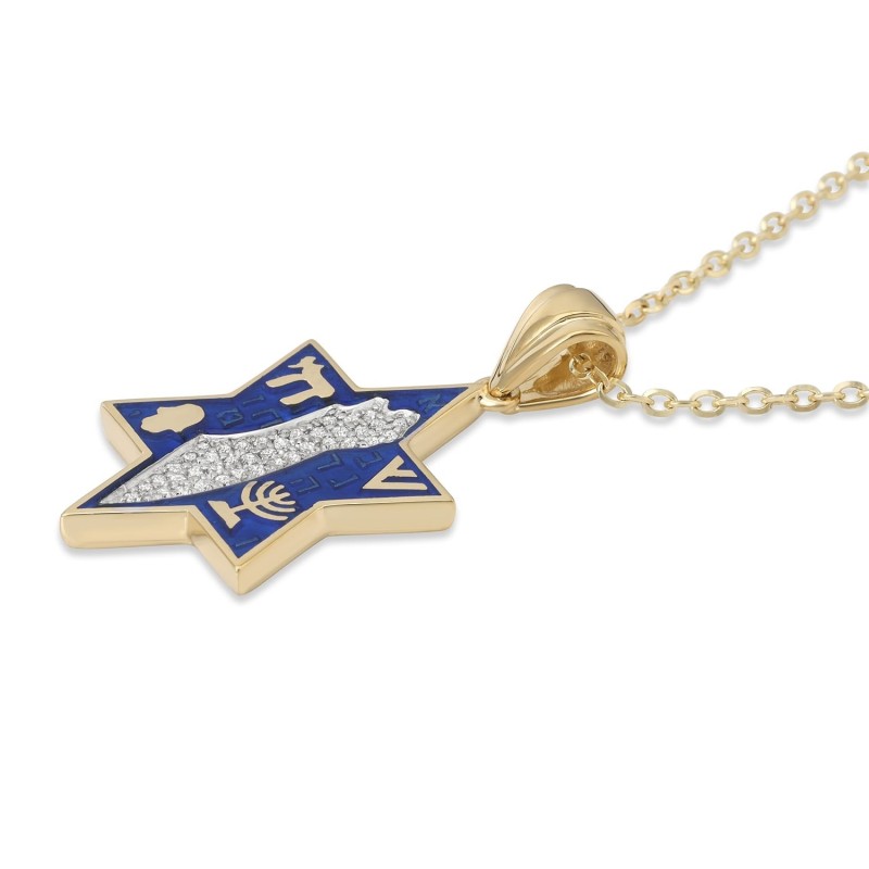 Pendentif étoile de David en or 14 carats avec carte d'Israël sertie de diamants et