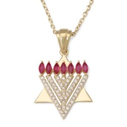 14K Gold Star of David and Menorah Pendant with 0.6 CT Diamonds and Ru