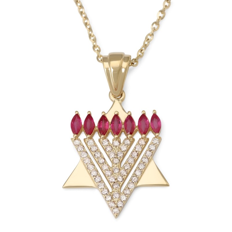 14K Gold Star of David and Menorah Pendant with 0.6 CT Diamonds and Ru