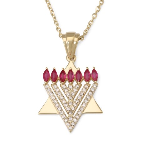 Pendentif étoile de David et menorah en or 14 carats avec diamants 0,6 CT et Ru