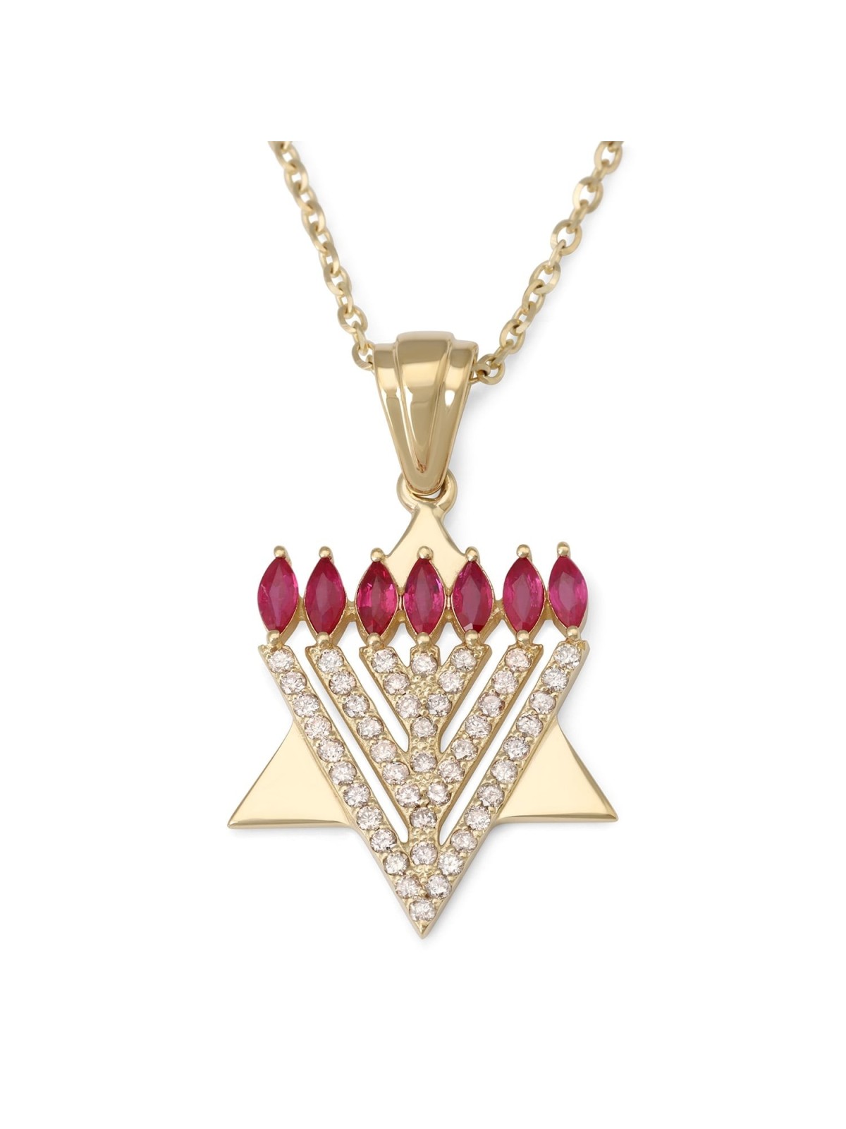 14K Gold Star of David and Menorah Pendant with 0.6 CT Diamonds and Ru