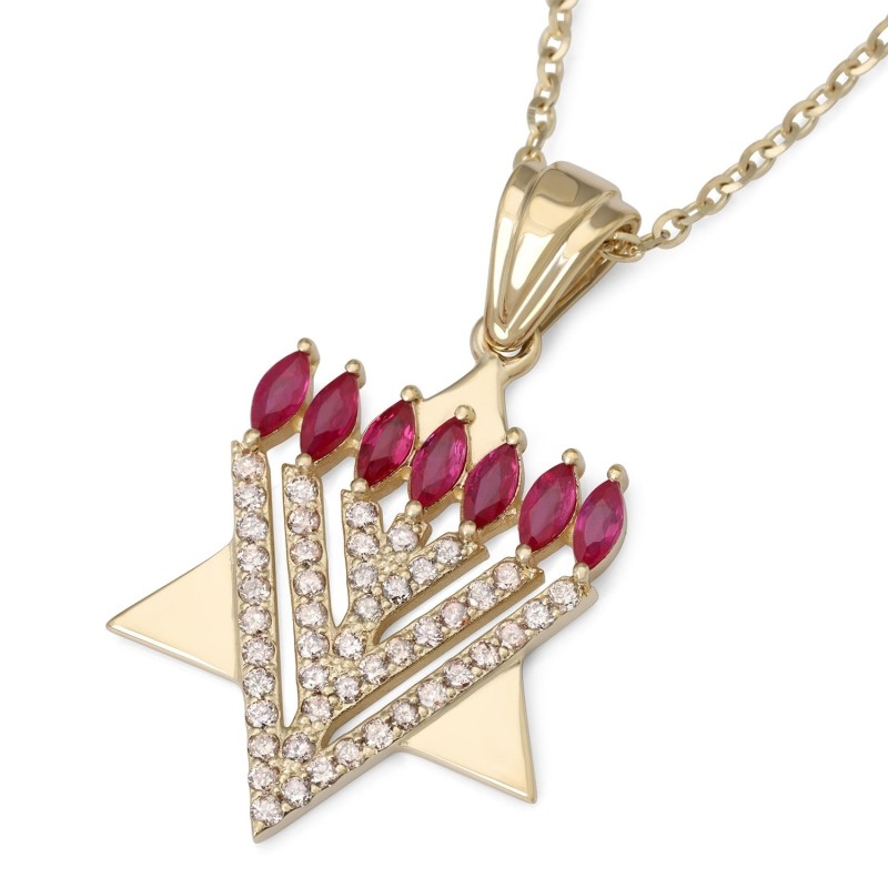 Pendentif étoile de David et menorah en or 14 carats avec diamants 0,6 CT et Ru