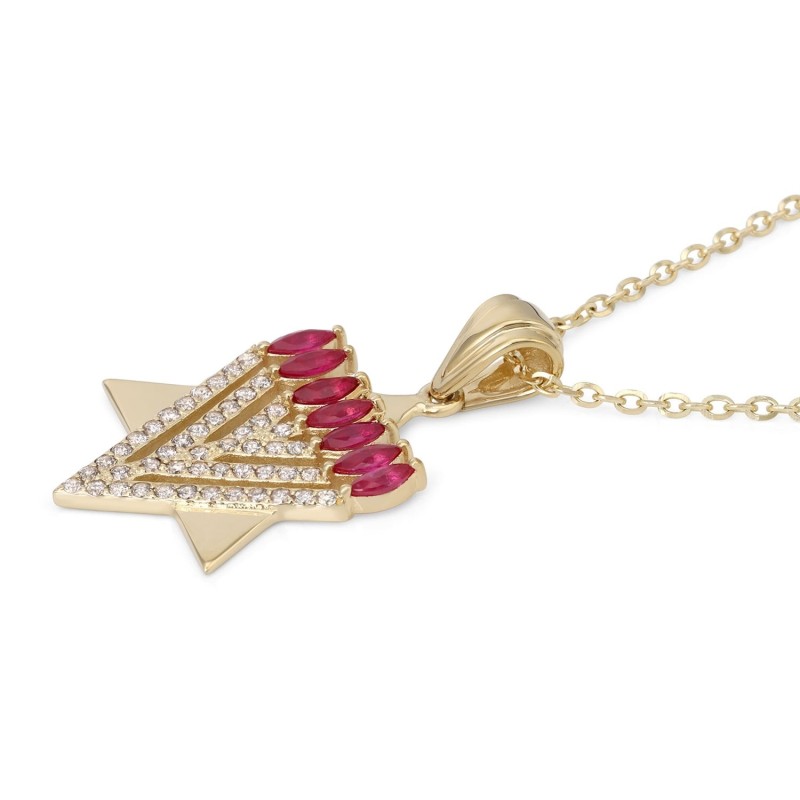 Pendentif étoile de David et menorah en or 14 carats avec diamants 0,6 CT et Ru