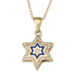 14K Yellow Gold Star of David Pendant with 49 Diamonds and Enamel