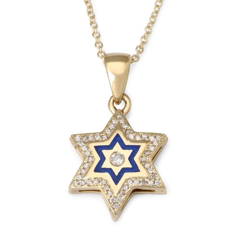 14K Yellow Gold Star of David Pendant with 49 Diamonds and Enamel