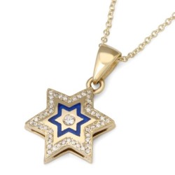 14K Yellow Gold Star of David Pendant with 49 Diamonds and Enamel