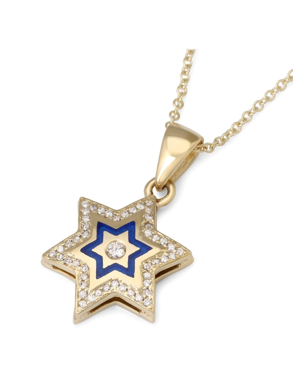 Pendentif étoile de David en or jaune 14 carats avec 49 diamants et émail