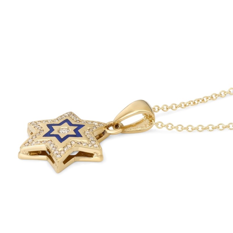 Pendentif étoile de David en or jaune 14 carats avec 49 diamants et émail