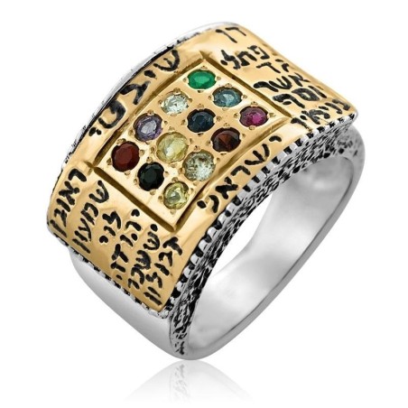 Bague en argent sterling avec bague Hoshen ornée de bijoux en or 9 carats - 12 tribus