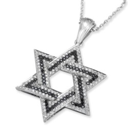 Large 14K White Gold Designer Star of David Pendant With 234 Black & W