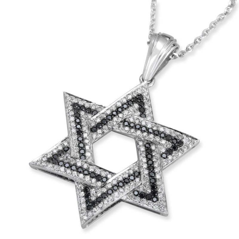 Large 14K White Gold Designer Star of David Pendant With 234 Black & W