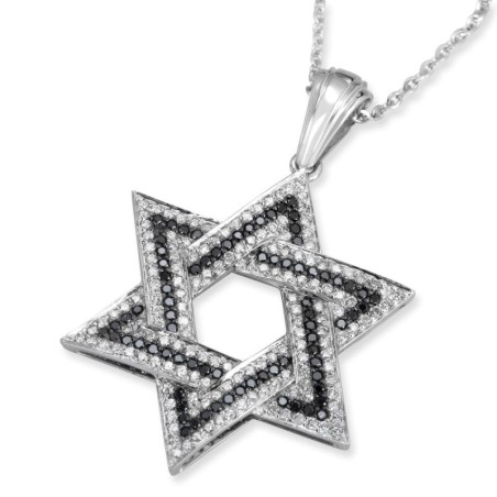 Grand pendentif étoile de David en or blanc 14 carats avec 234 pierres noires et W