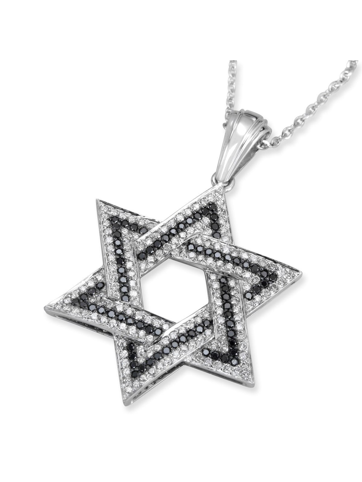 Grand pendentif étoile de David en or blanc 14 carats avec 234 pierres noires et W