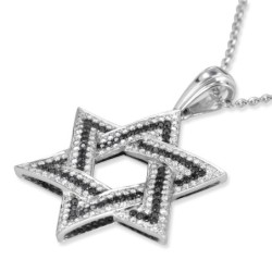 Large 14K White Gold Designer Star of David Pendant With 234 Black & W