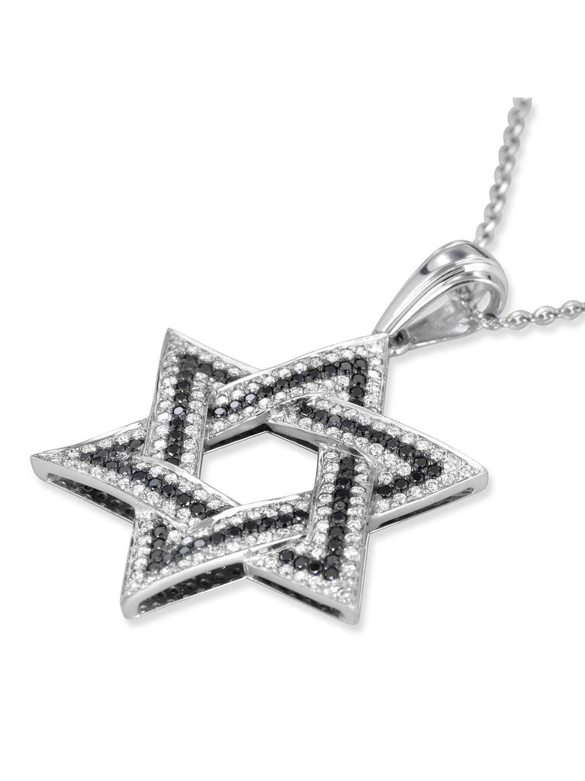 Large 14K White Gold Designer Star of David Pendant With 234 Black & W