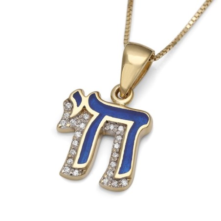 Pendentif Chai pour femme en or jaune 14 carats et émail bleu rehaussé de diamants