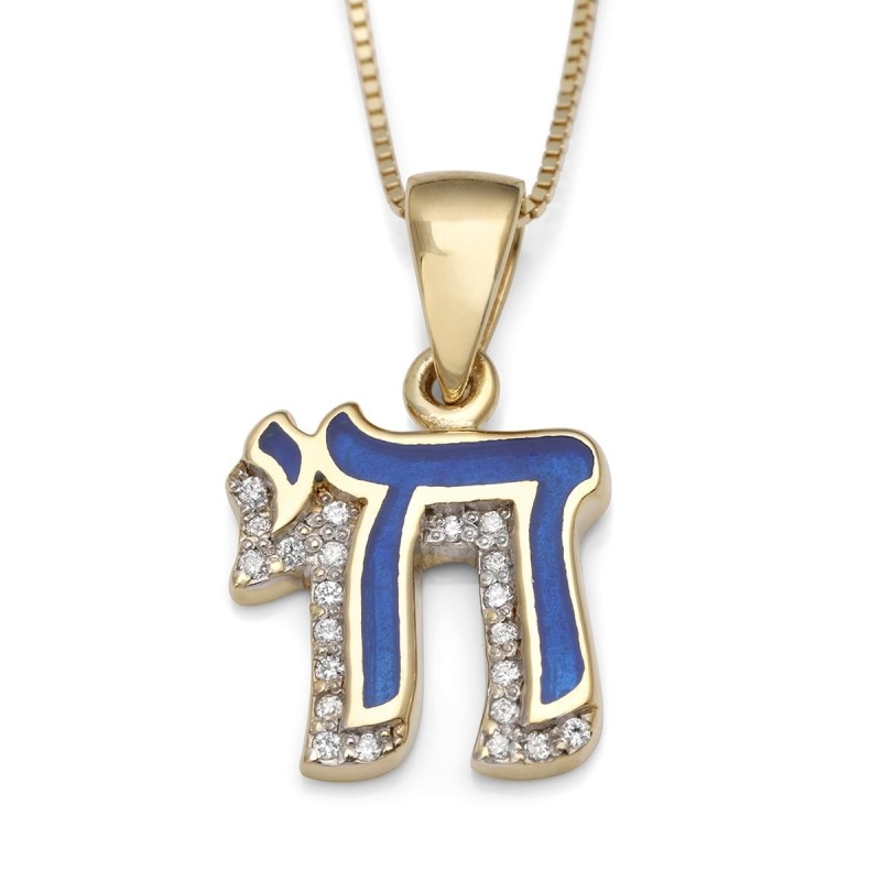 תליון צ'י לנשים בהדגשת יהלומים זהב צהוב 14K וכחול אמייל