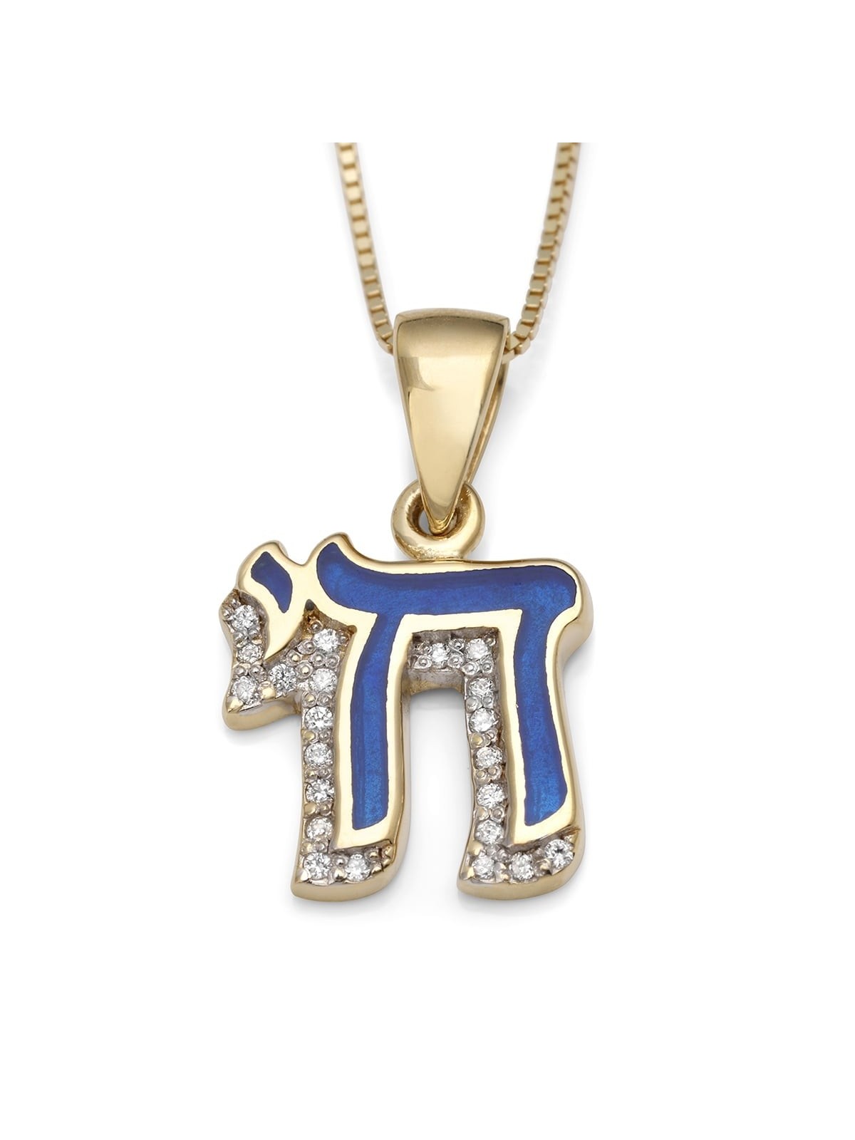 תליון צ'י לנשים בהדגשת יהלומים זהב צהוב 14K וכחול אמייל