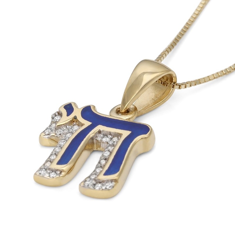Pendentif Chai pour femme en or jaune 14 carats et émail bleu rehaussé de diamants