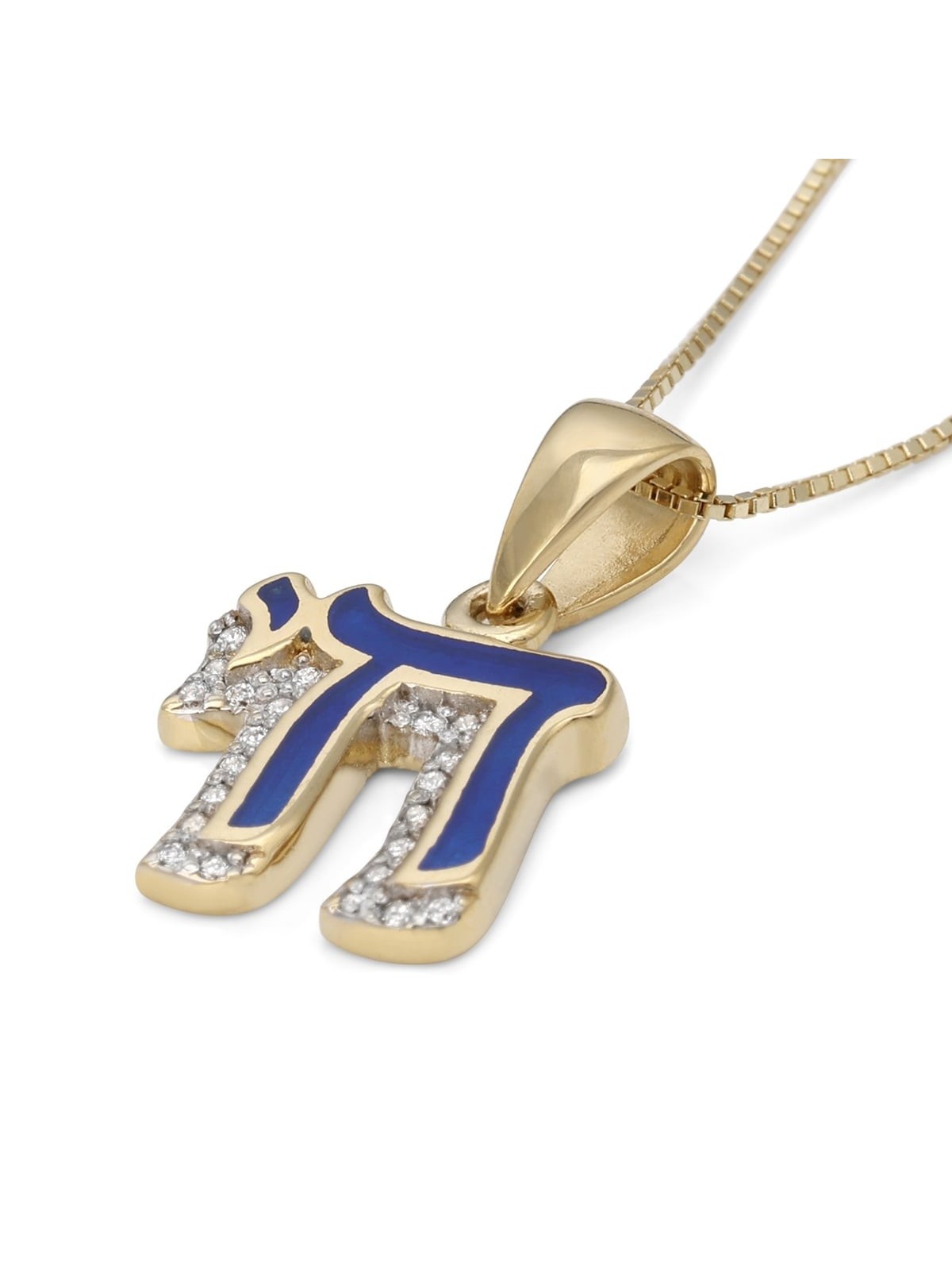 תליון צ'י לנשים בהדגשת יהלומים זהב צהוב 14K וכחול אמייל