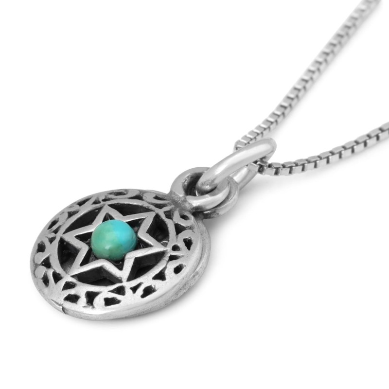 Bénédiction sacerdotale : Petit pendentif étoile de David à double disque avec turquoise