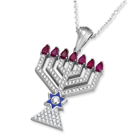 Pendentif Menorah en or blanc 14 carats rehaussé de 88 diamants et sept rubis