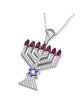14K White Gold Menorah Pendant Accented With 88 Diamonds and Seven Rub