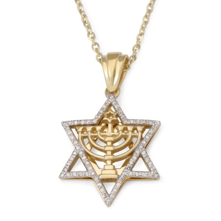 14K Gold Diamond-Studded Star of David Pendant with Seven-Branch Menor