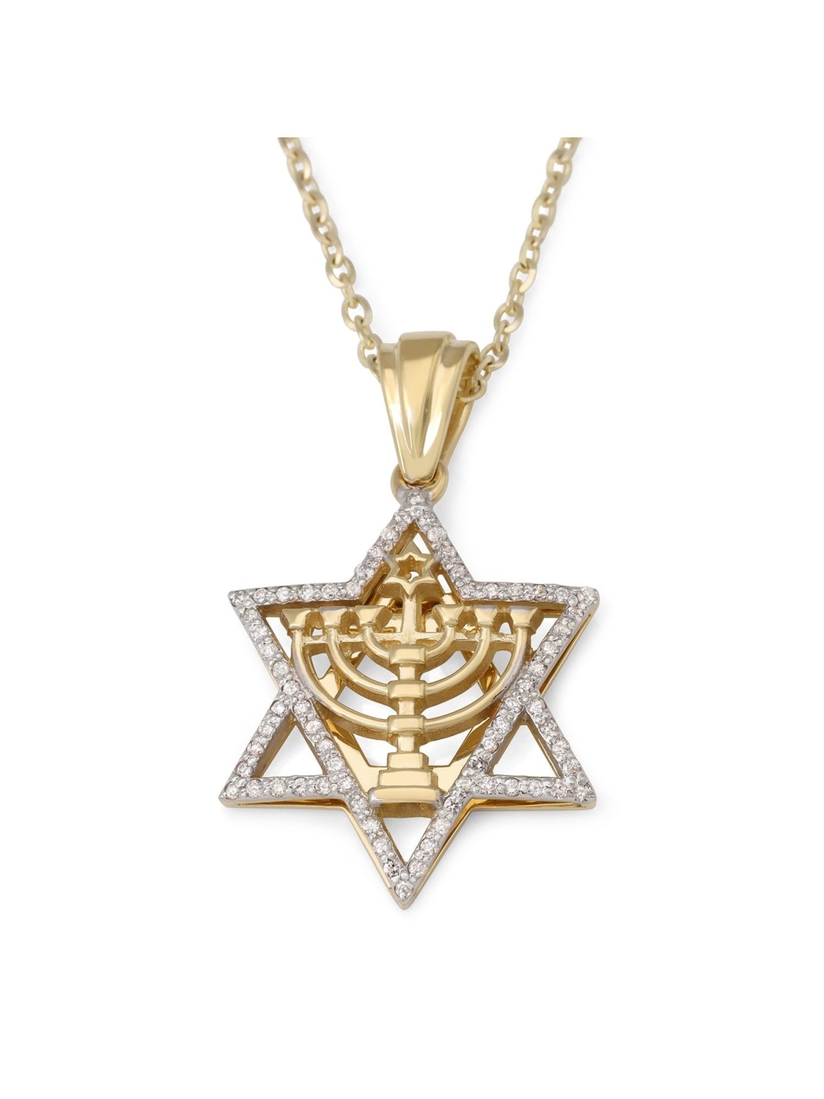 14K Gold Diamond-Studded Star of David Pendant with Seven-Branch Menor