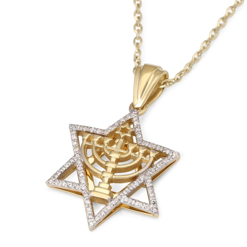 Pendentif étoile de David en or 14 carats serti de diamants avec menor à sept branches