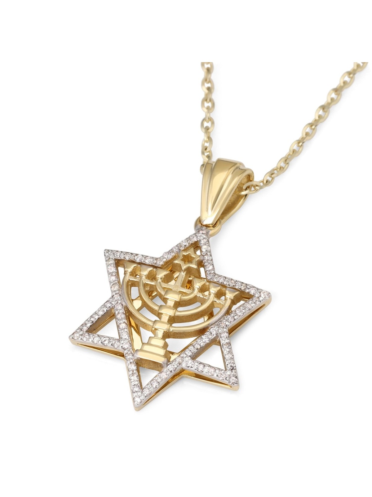 Pendentif étoile de David en or 14 carats serti de diamants avec menor à sept branches